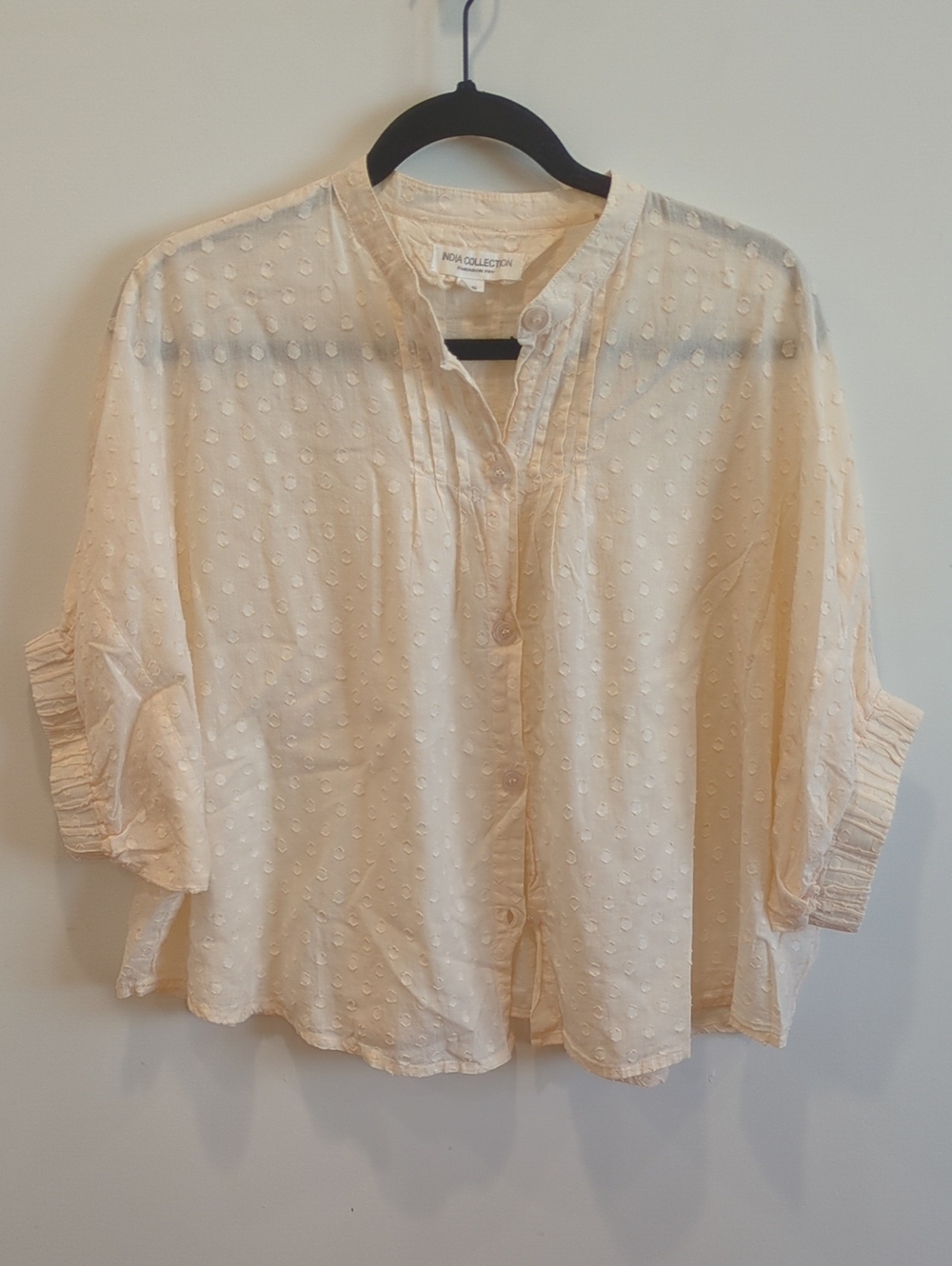 Minimal Coastal Preppy Boho Emerson Fry Cream Swiss Dot Button-Front Blouse OS